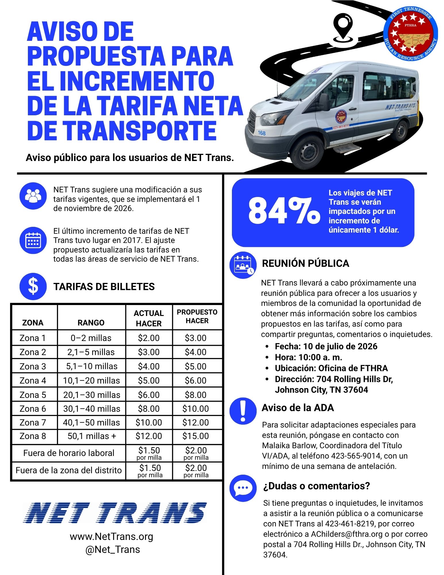 Notice of Proposed NET Trans Fare Increase Flyer in Spanish