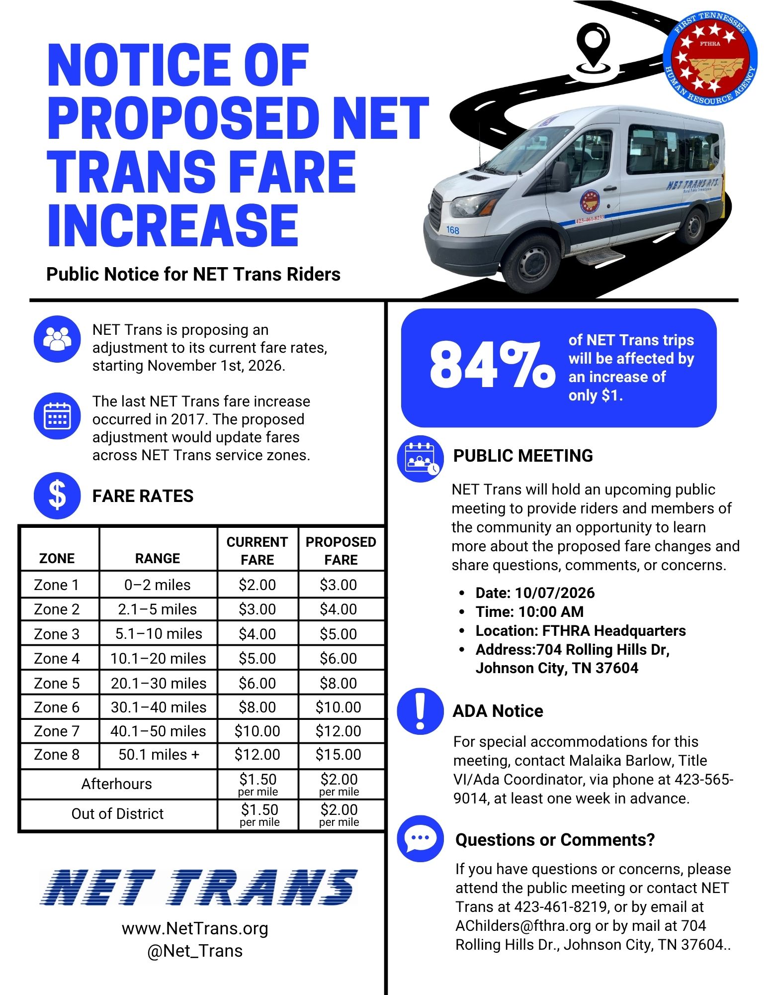 Notice of Proposed NET Trans Fare Increase Flyer in English
